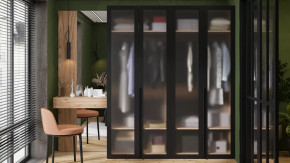 Спальный гарнитур «Порто» №4 Яблоня Беллуно/Графит/Стекло сатин черное в Лангепасе - langepas.mebel-tymen.ru | фото